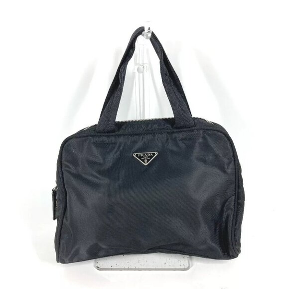 Auth PRADA triangle logo plate Bag Hand Bag Nylon Black - Picture 1 of 16